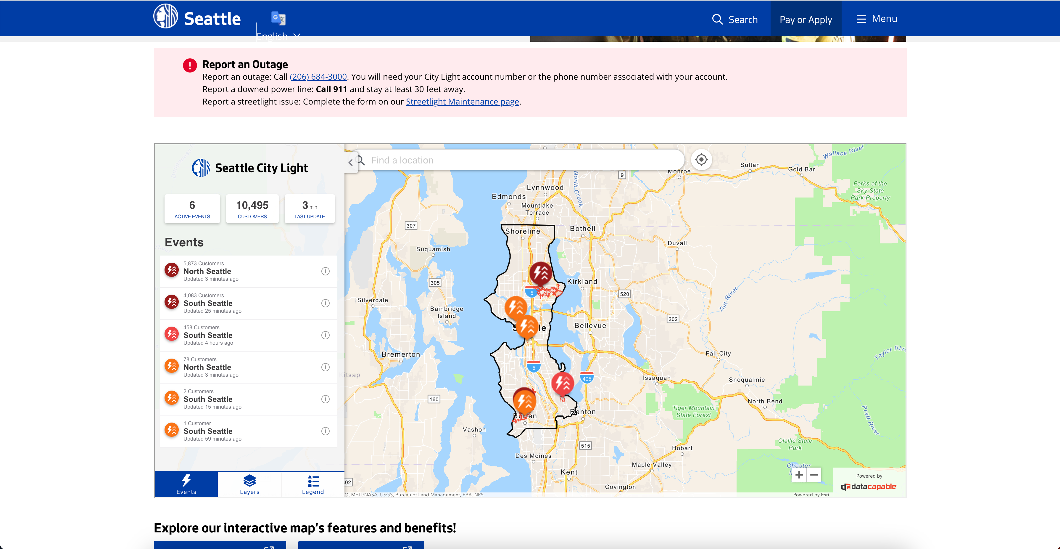 Screenshot of Seattle.gov showing a power outage.